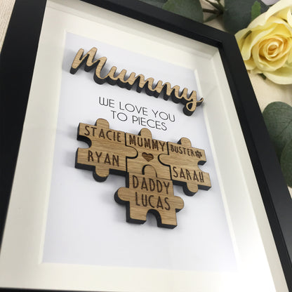 Personalised Mum / Mummy 'We Love You To Pieces' Wooden Mothers Day Christmas Birthday Puzzle Pieces Family Box Frame Add your family names