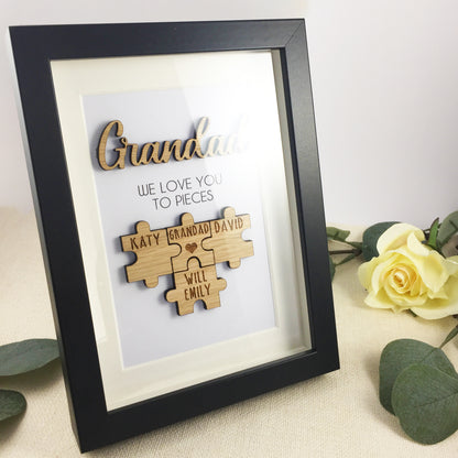 Personalised Grandad 'We Love You To Pieces' Wooden Fathers Day Christmas Birthday Puzzle Pieces Family Box Frame Add your family names