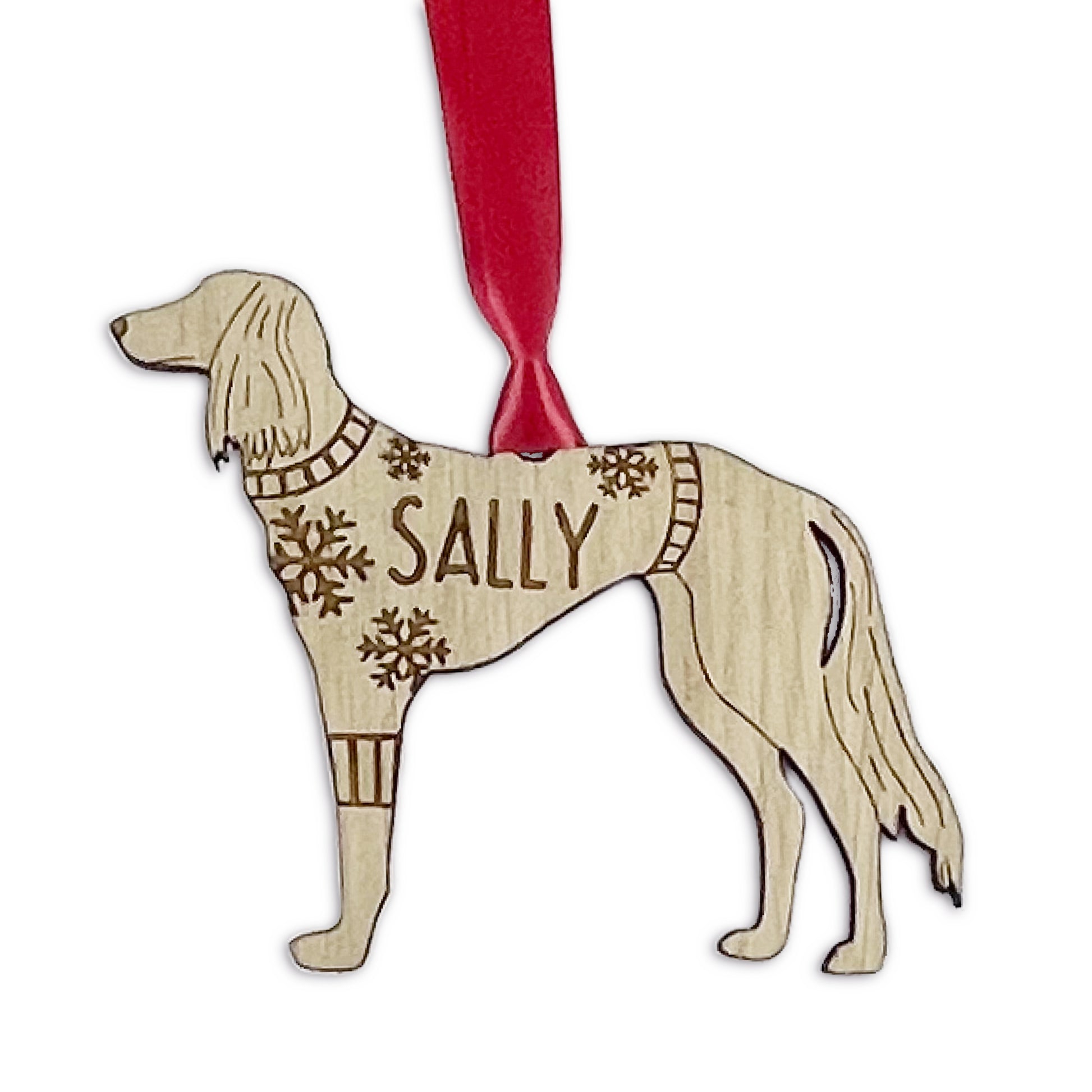 Personalised Saluki Bauble Jumper Dog Bauble - Oak Veneer Wood - Add any name