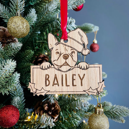 Personalised French Bull Dog Bauble - Peeking Dog - Oak Veneer Wood - Add your own name!