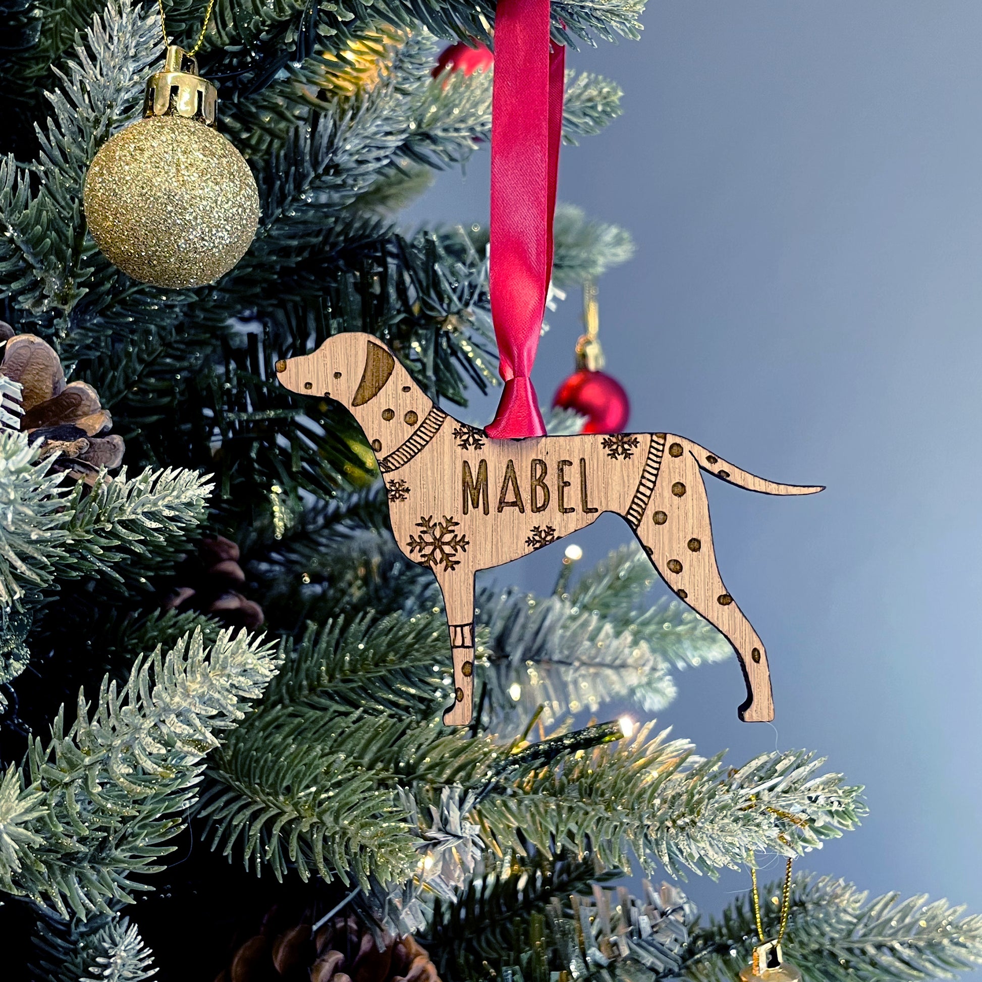 Personalised Dalmation Bauble Jumper Dog Bauble - Oak Veneer Wood - Add any name