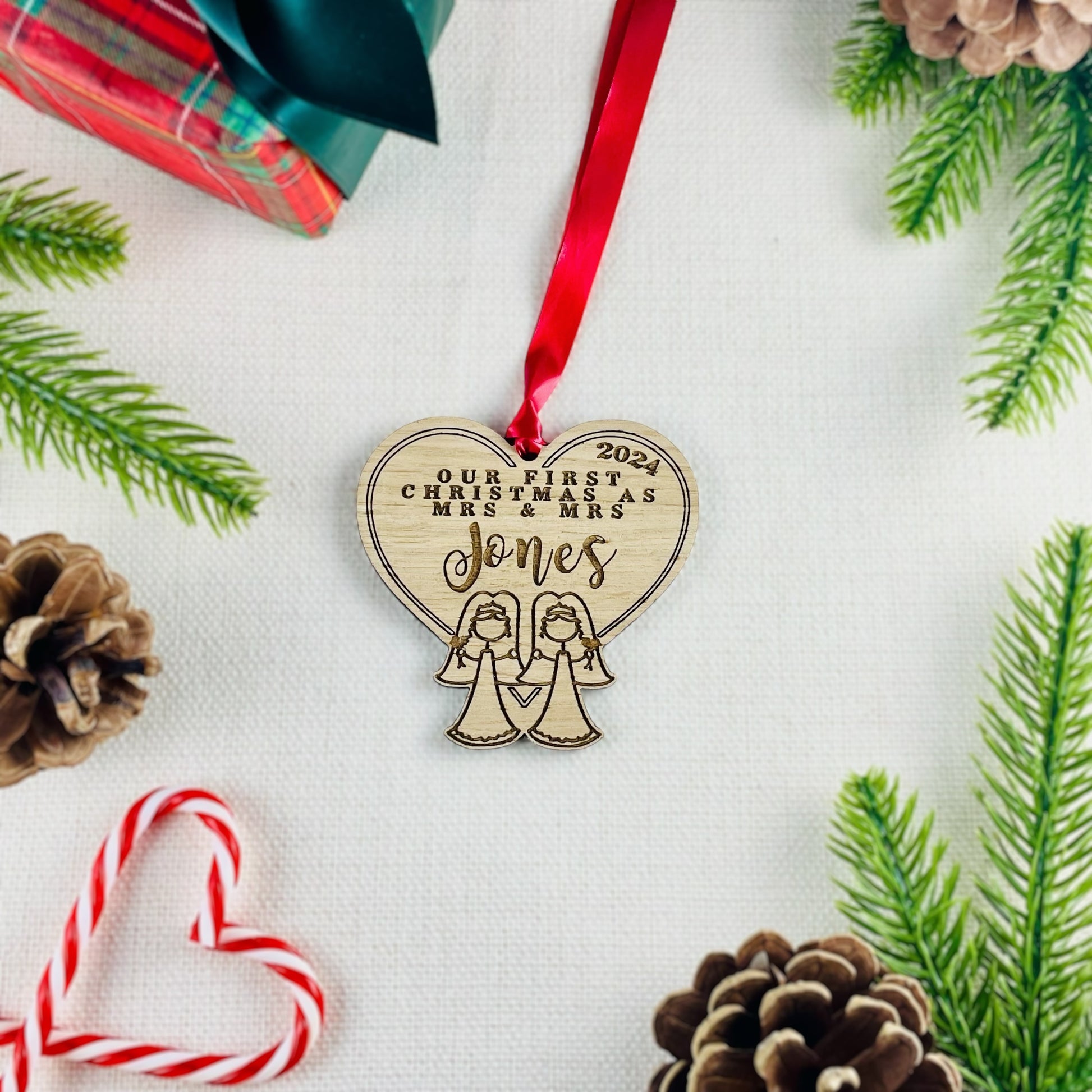 Personalised Wooden Stick Couple "Mrs & Mrs" Wedding Bauble