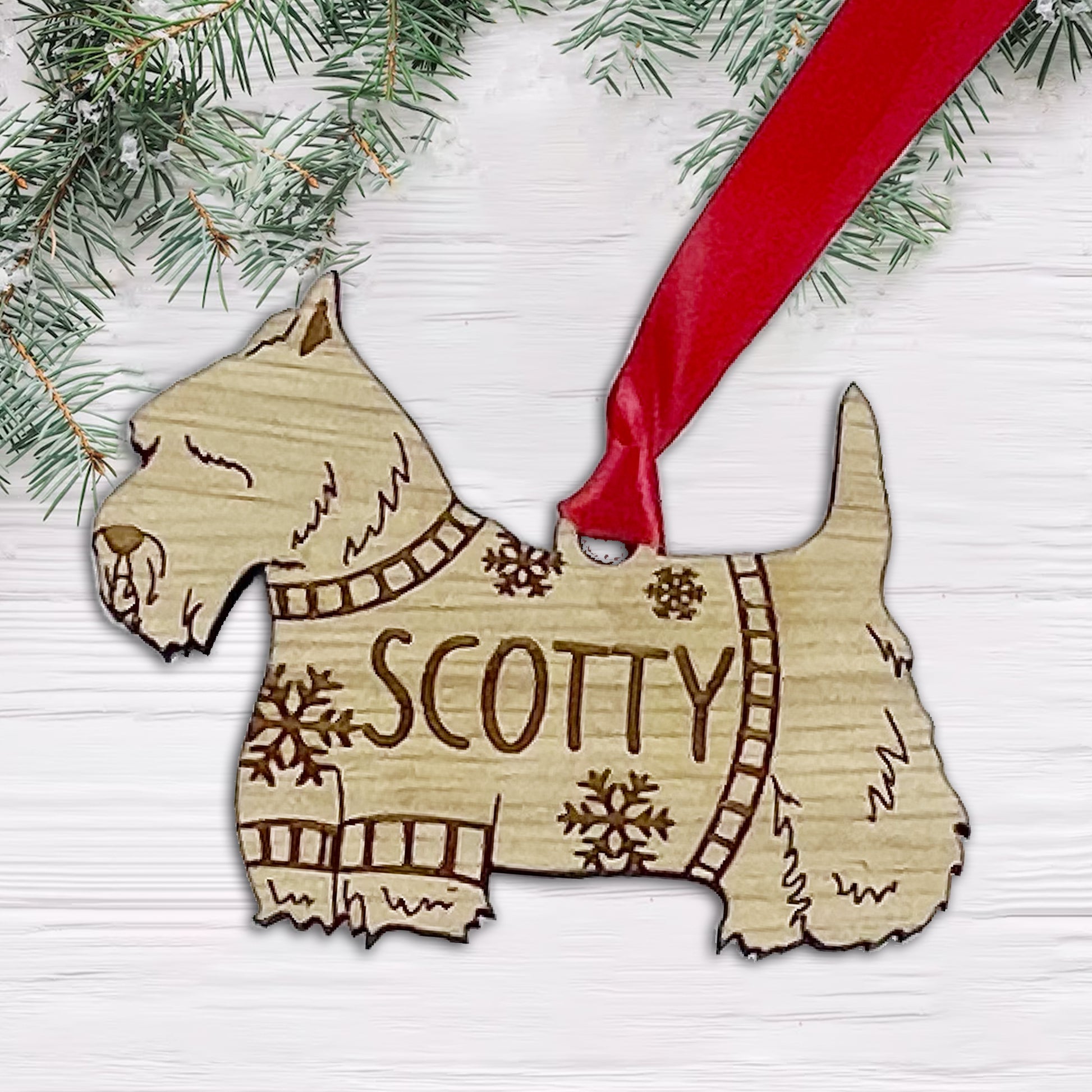 Personalised Scottie Bauble Jumper Dog Bauble - Oak Veneer Wood - Add any name