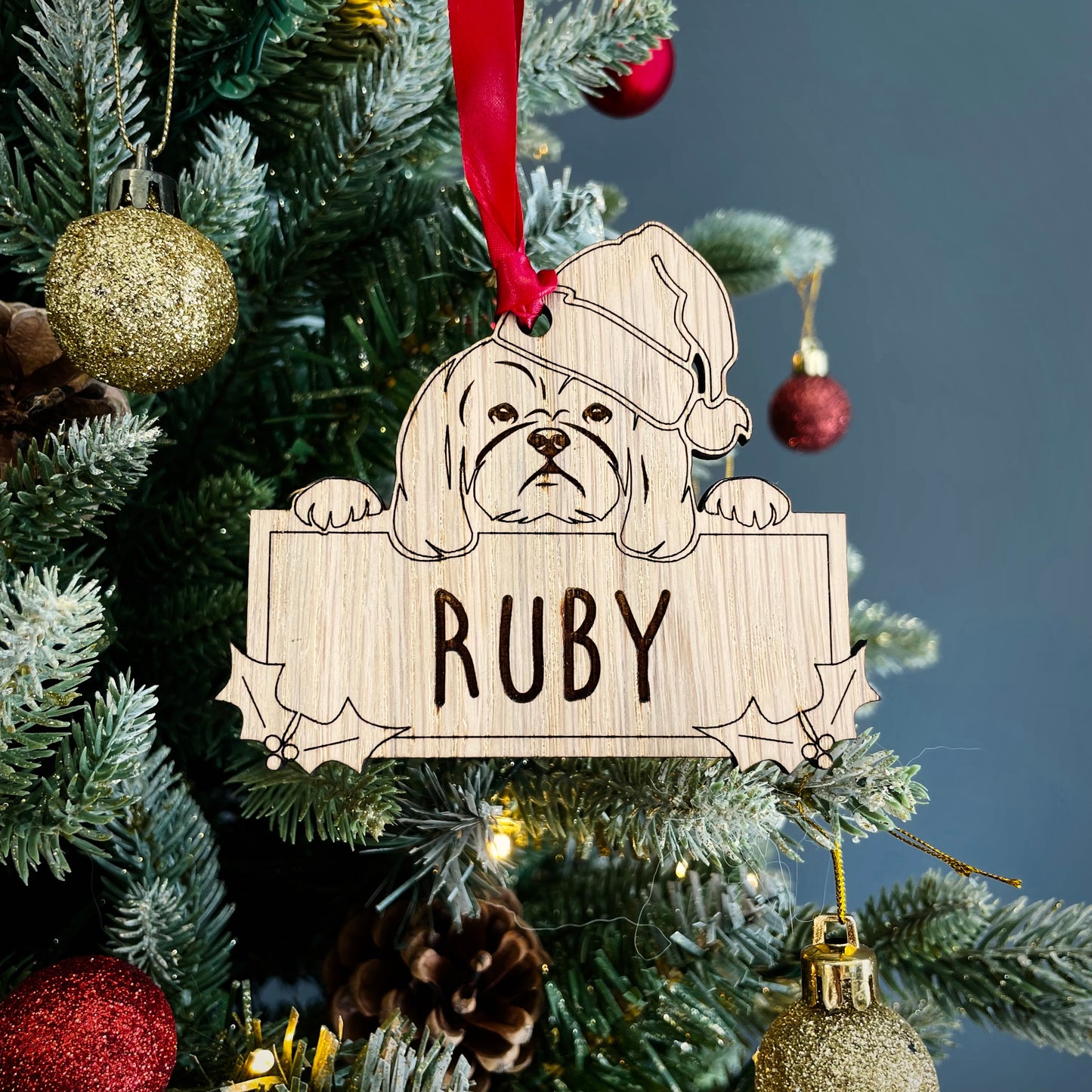 Personalised Shih Tzu Dog Bauble - Peeking Dog - Oak Veneer Wood - Add your own name!