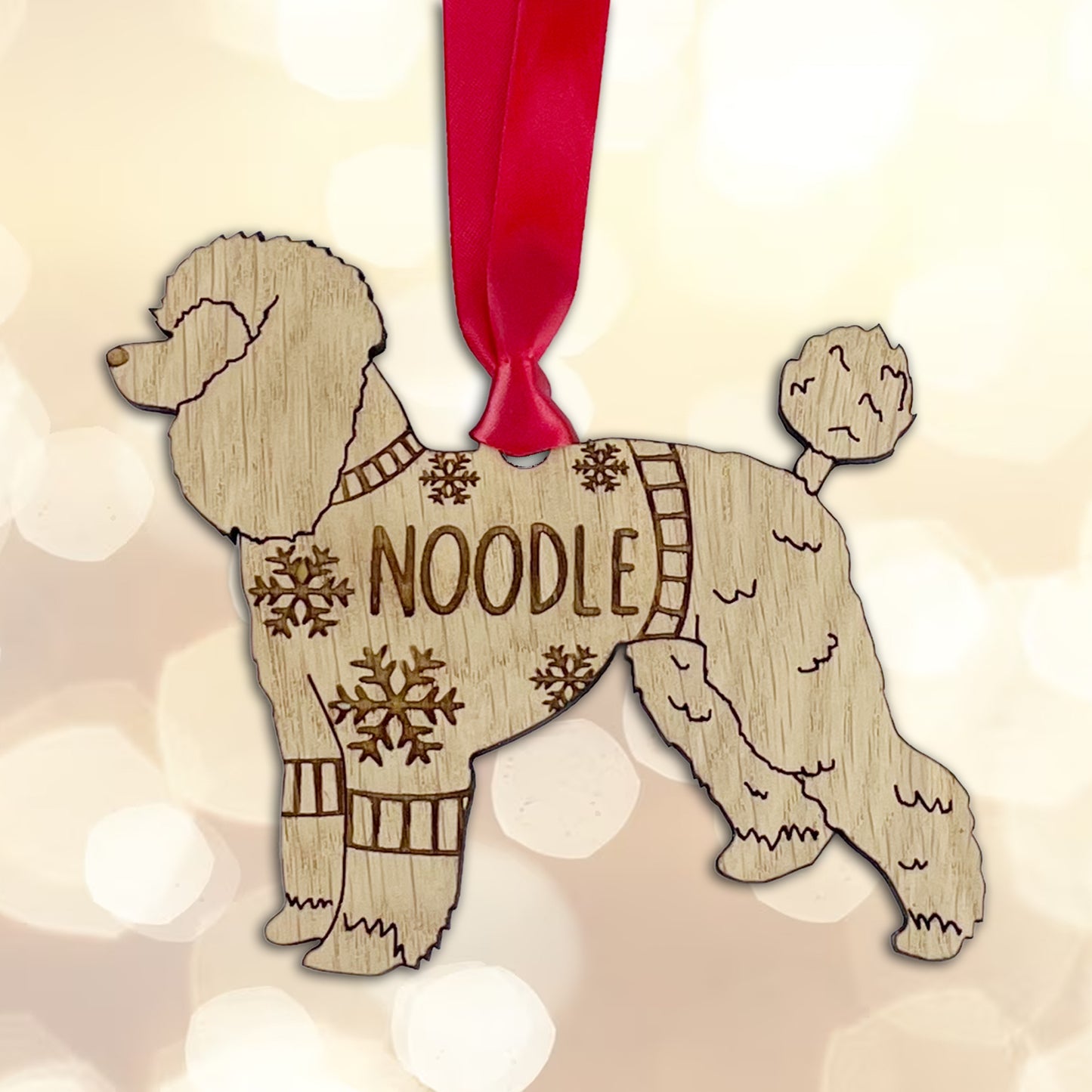 Personalised Poodle Bauble Jumper Dog Bauble - Oak Veneer Wood - Add any name