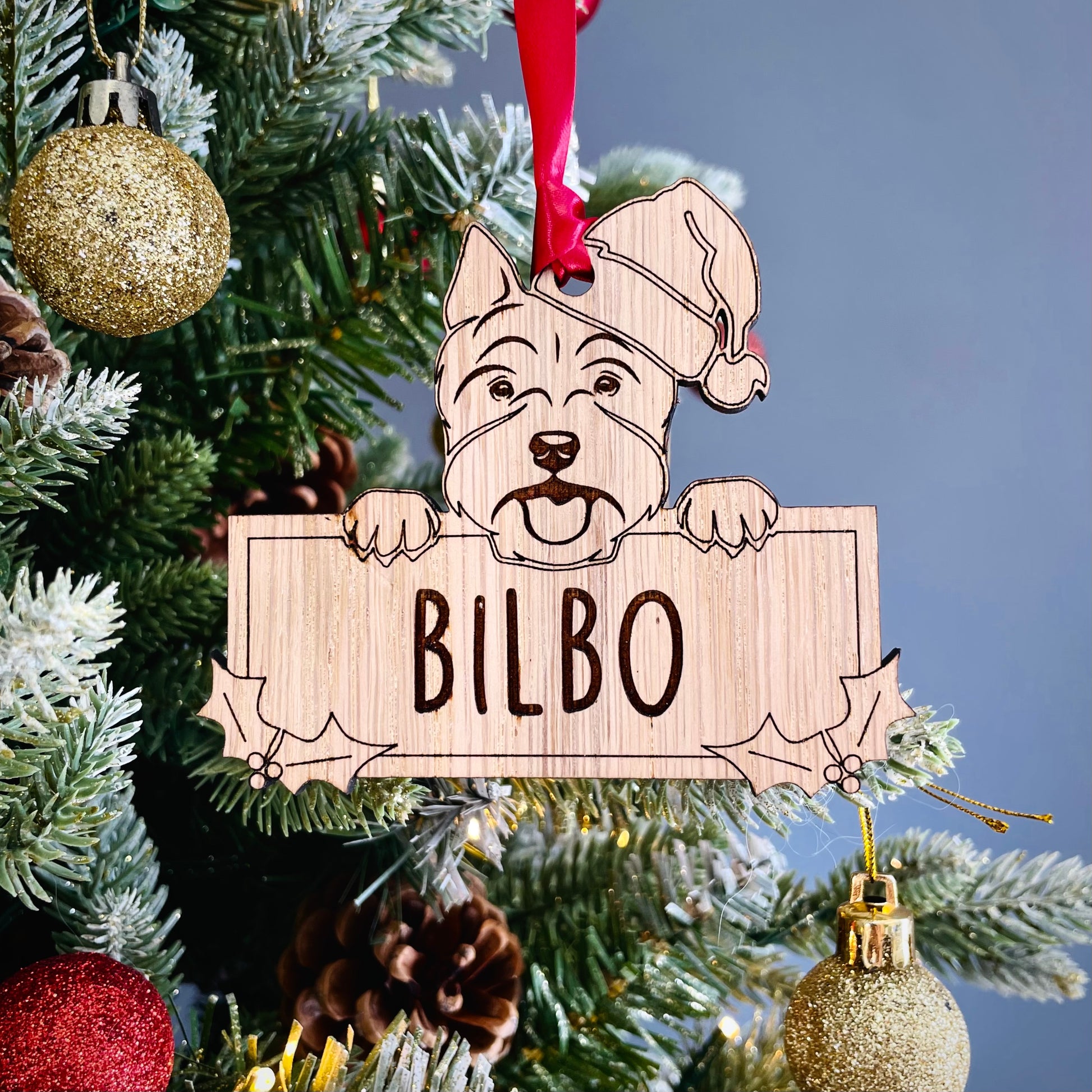 Personalised Westie Dog Bauble - Peeking Dog - Oak Veneer Wood - Add your own name!
