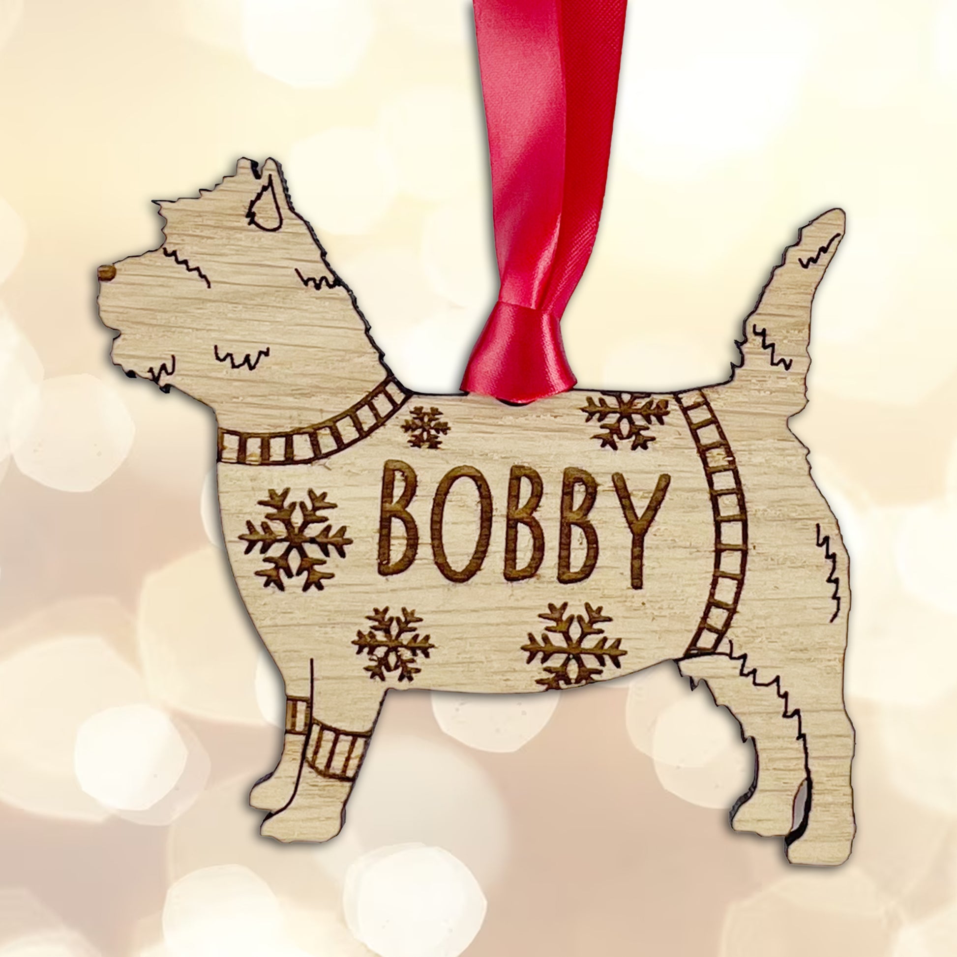 Personalised Cairn Terrier Bauble Jumper Dog Bauble - Oak Veneer Wood - Add any name