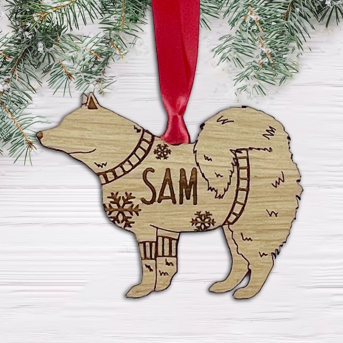 Personalised Samoyed  Bauble Jumper Dog Bauble - Oak Veneer Wood - Add any name