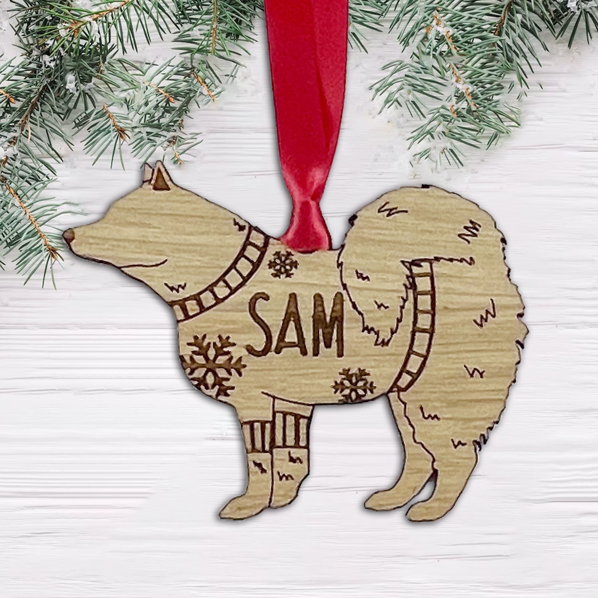 Personalised Samoyed  Bauble Jumper Dog Bauble - Oak Veneer Wood - Add any name