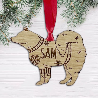 Personalised Samoyed  Bauble Jumper Dog Bauble - Oak Veneer Wood - Add any name