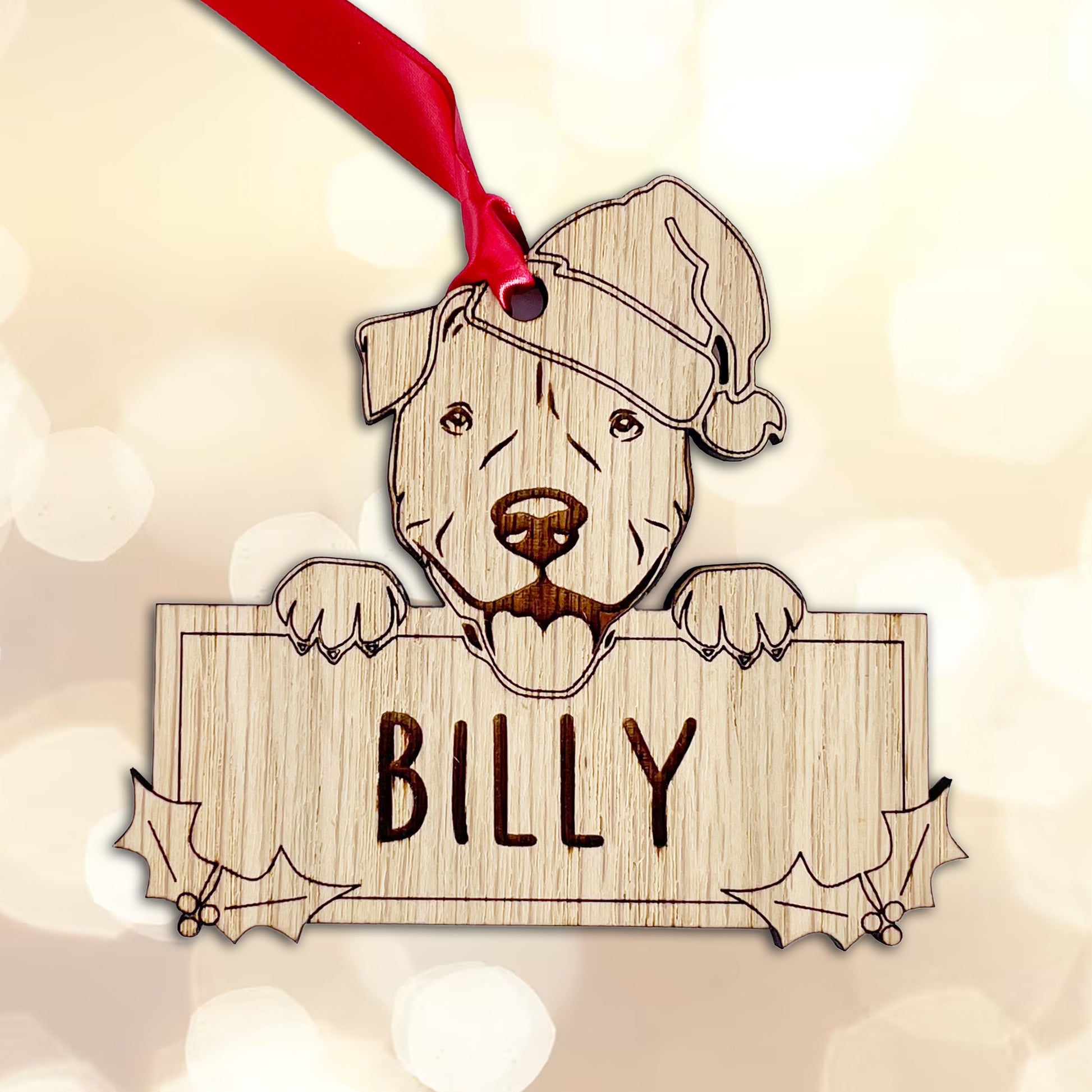 Personalised Staffy Dog Bauble - Peeking Dog - Oak Veneer Wood - Add your own name!