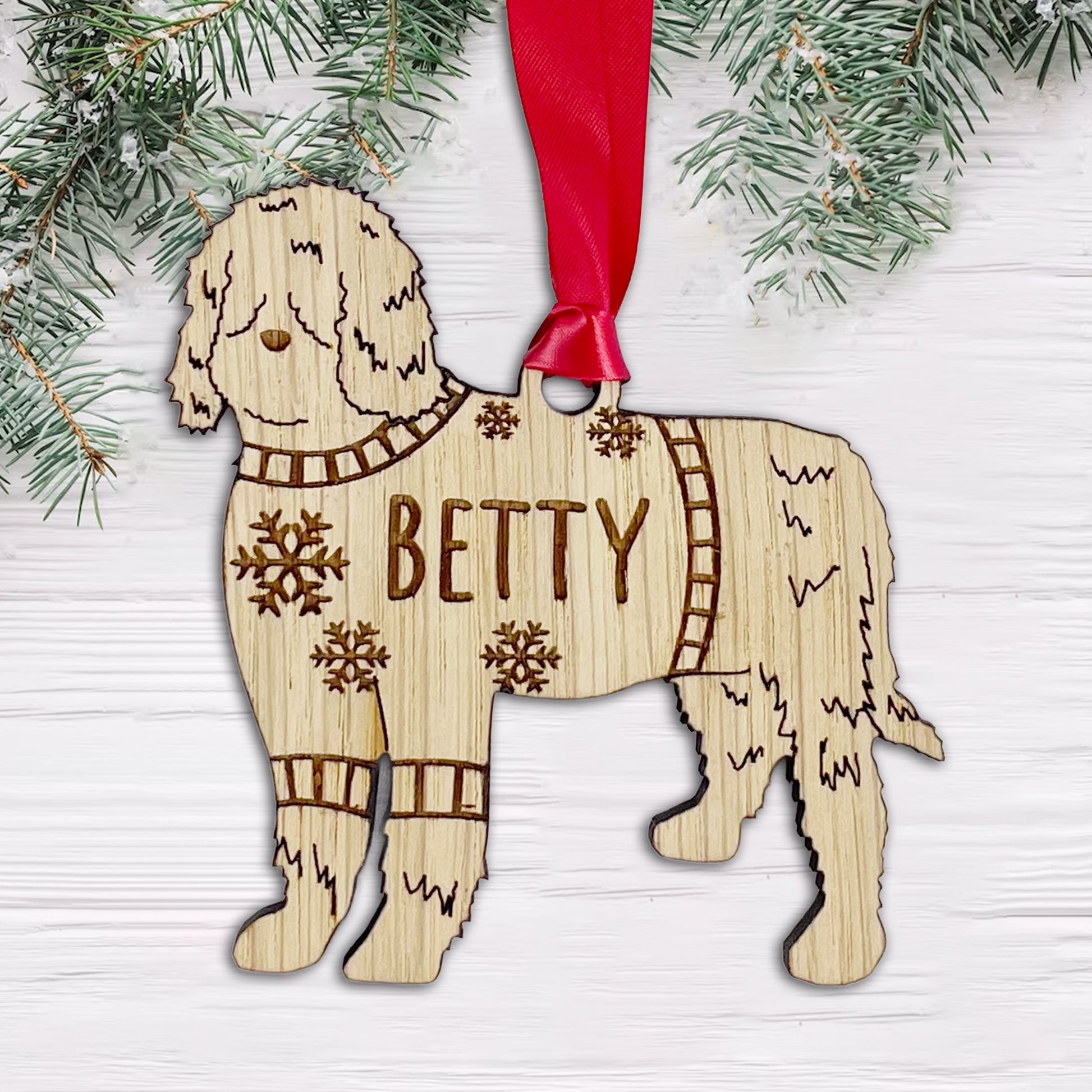 Personalised Berbet Bauble Jumper Dog Bauble - Oak Veneer Wood - Add any name