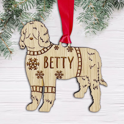 Personalised Berbet Bauble Jumper Dog Bauble - Oak Veneer Wood - Add any name