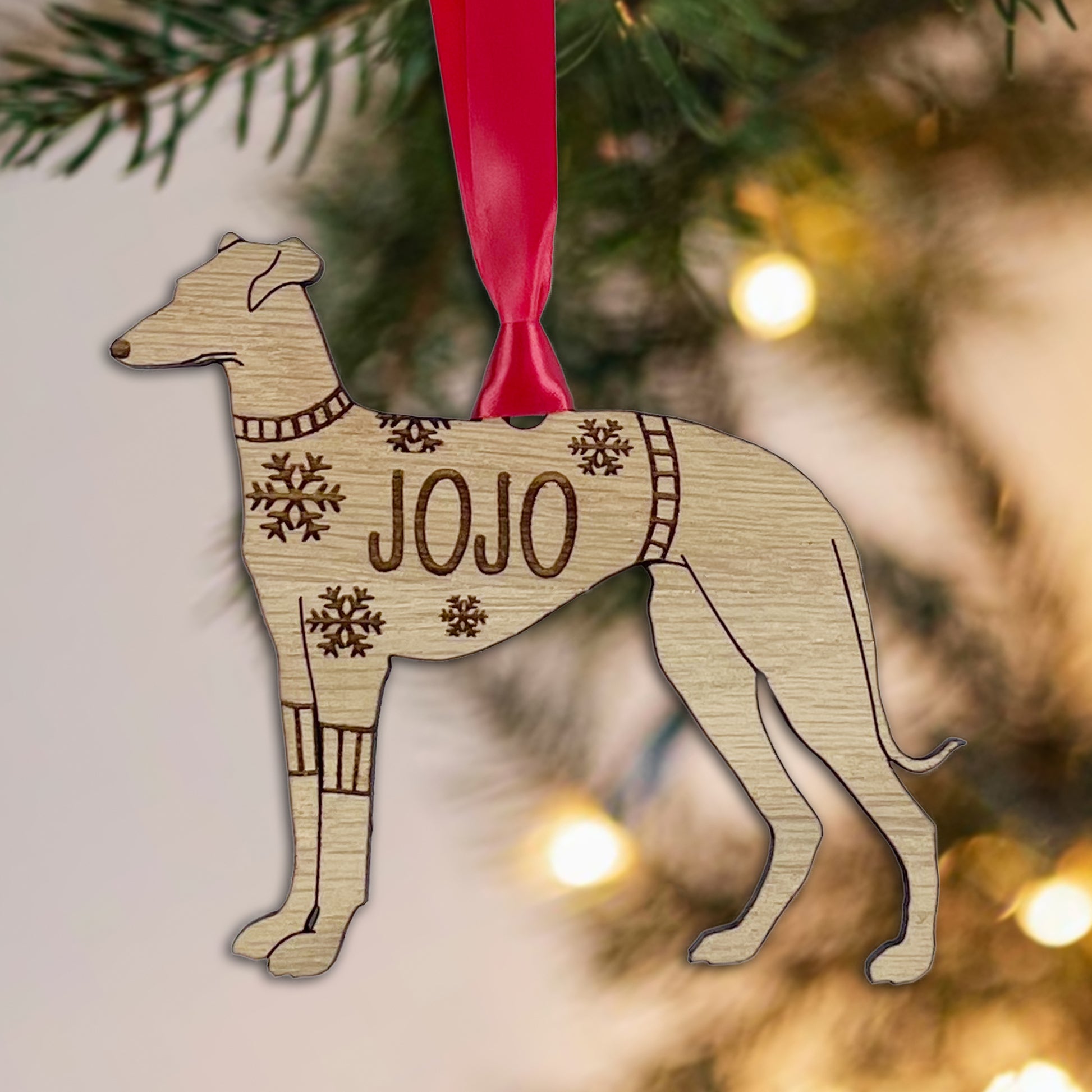 Personalised Greyhound Bauble Jumper Dog Bauble - Oak Veneer Wood - Add any name