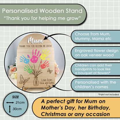 Personalised Mum Handprint Plaque, Thank You For Helping Me Grow Wooden Gift, Mother’s Day Present from Kids, Mum Birthday Keepsake Sign