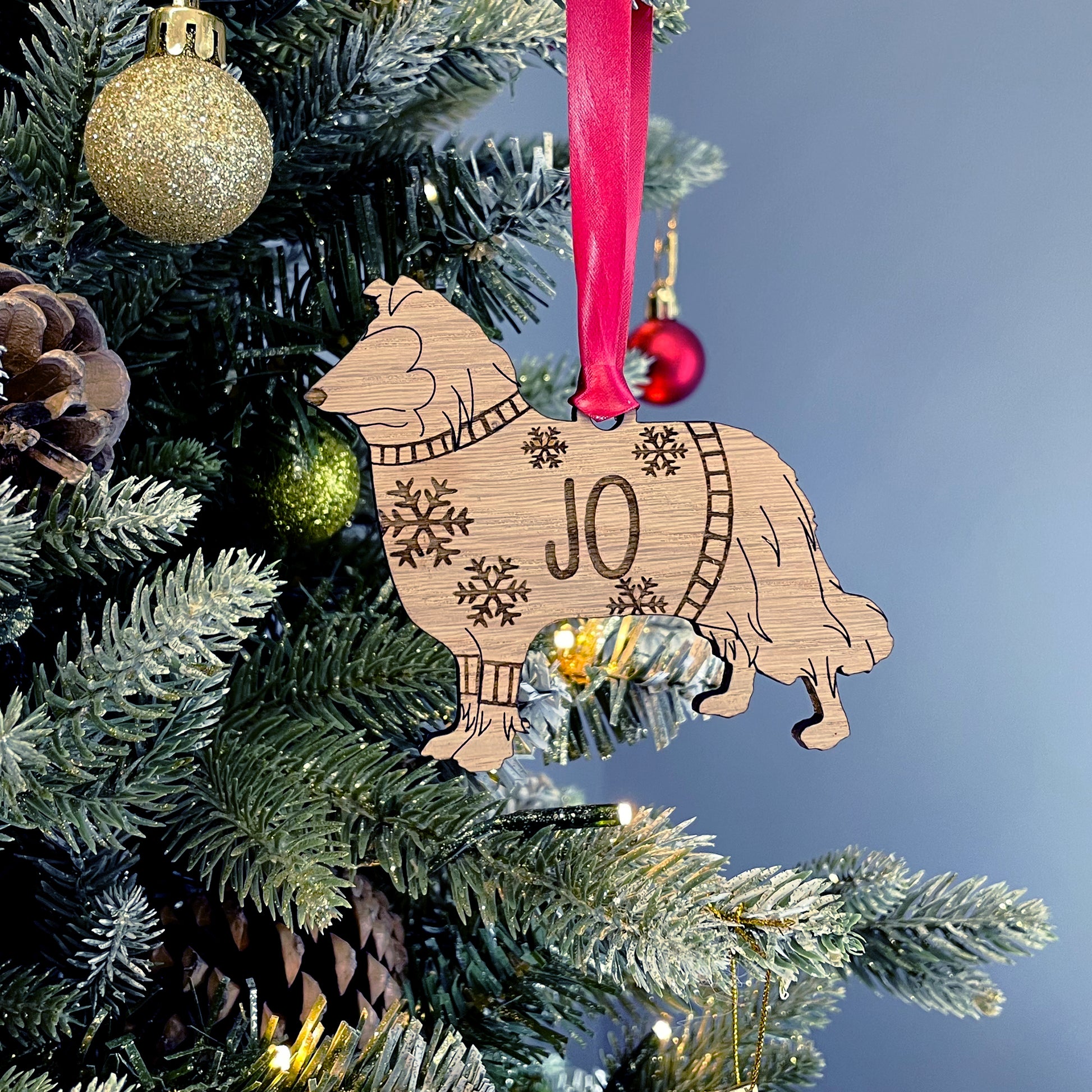 Personalised Rough Collie Bauble Jumper Dog Bauble - Oak Veneer Wood - Add any name