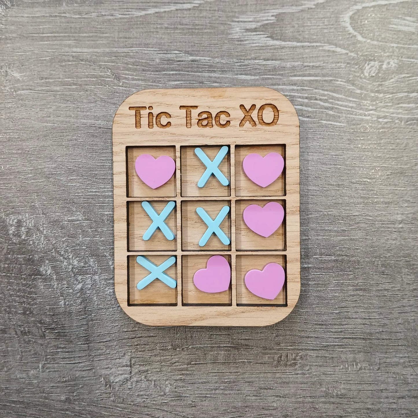 Tic Tac Toe Style Mini Board Game - Love Hearts and X's Valentine's Day Blue and Pink - Oak Wood and Acrylic - Anniversary - Birthday