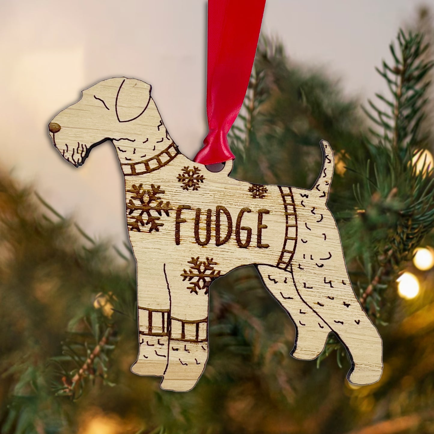 Personalised Airedale Terrier Bauble Jumper Dog Bauble - Oak Veneer Wood - Add any name