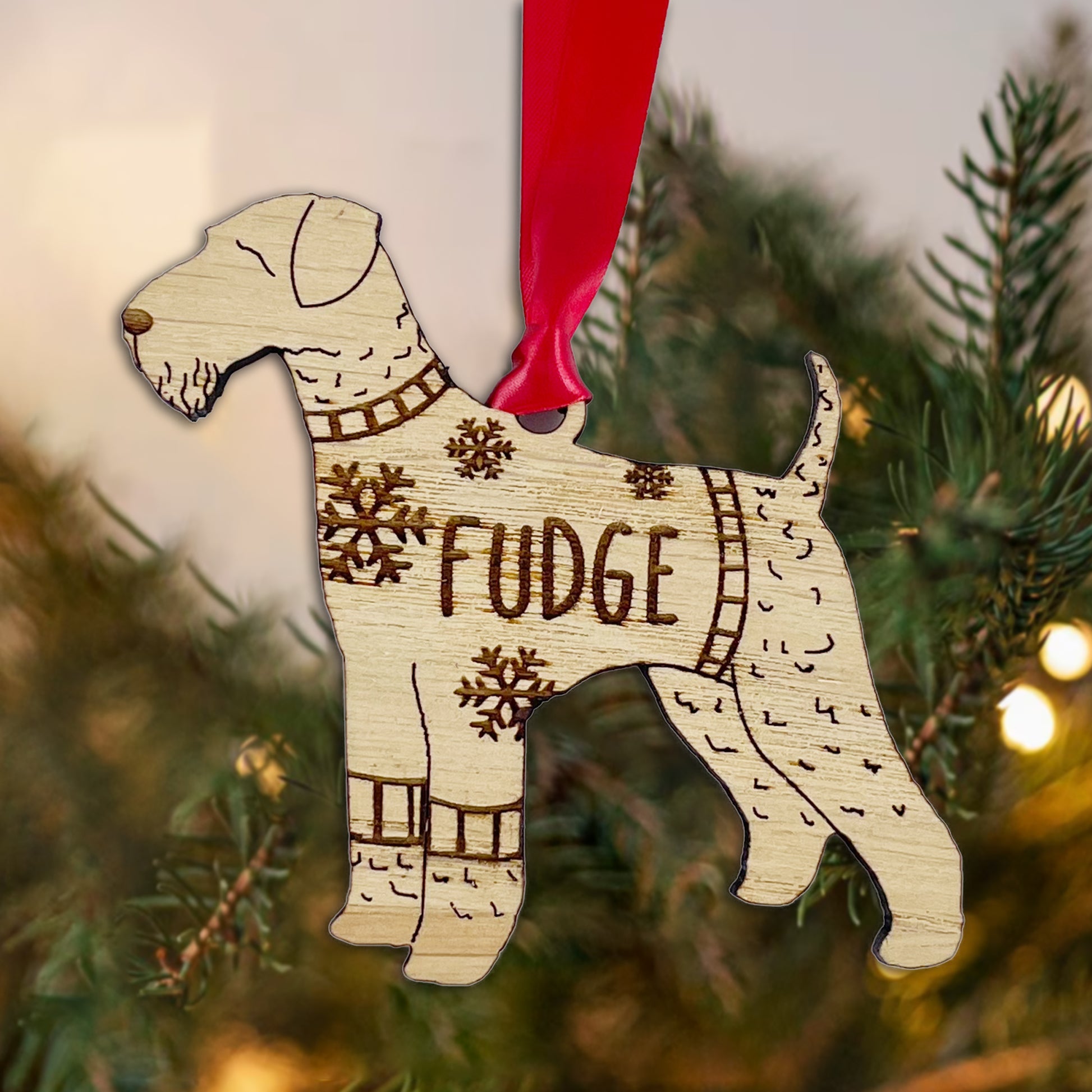 Personalised Airedale Terrier Bauble Jumper Dog Bauble - Oak Veneer Wood - Add any name