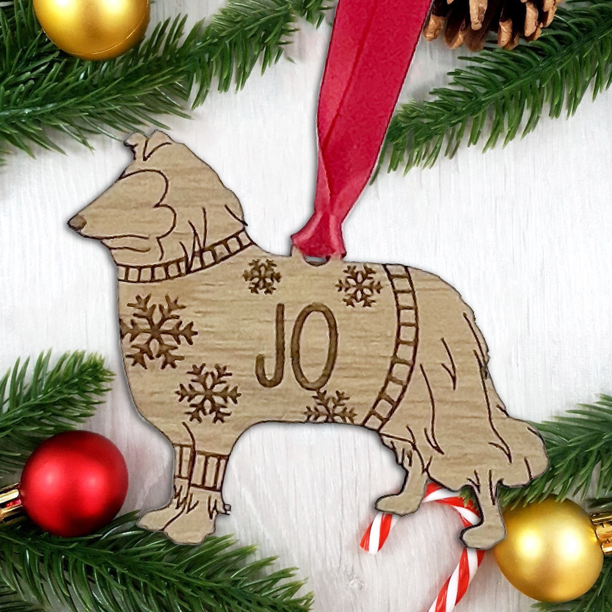Personalised Rough Collie Bauble Jumper Dog Bauble - Oak Veneer Wood - Add any name