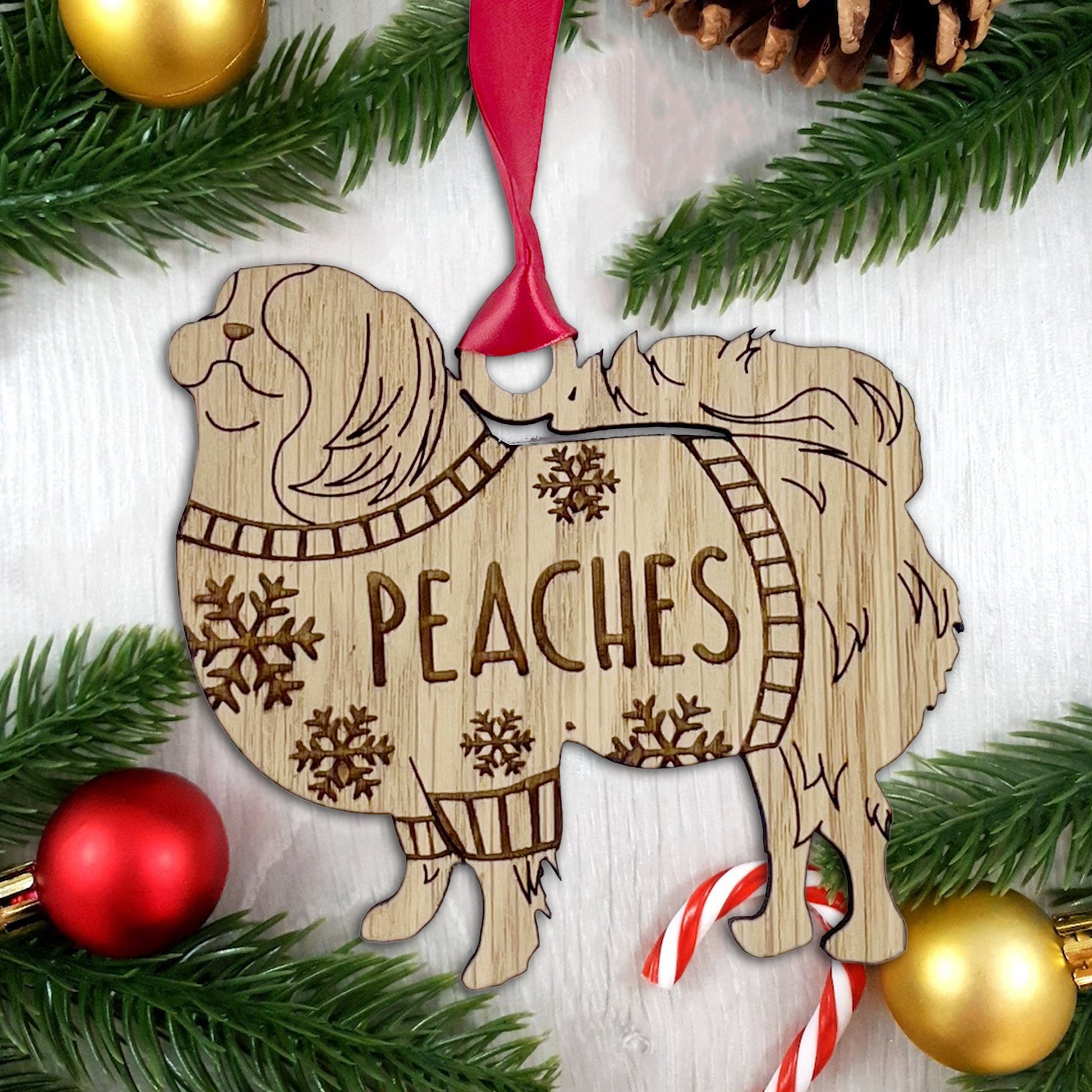 Personalised Japanese Chin Bauble Jumper Dog Bauble - Oak Veneer Wood - Add any name