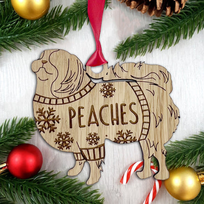 Personalised Japanese Chin Bauble Jumper Dog Bauble - Oak Veneer Wood - Add any name
