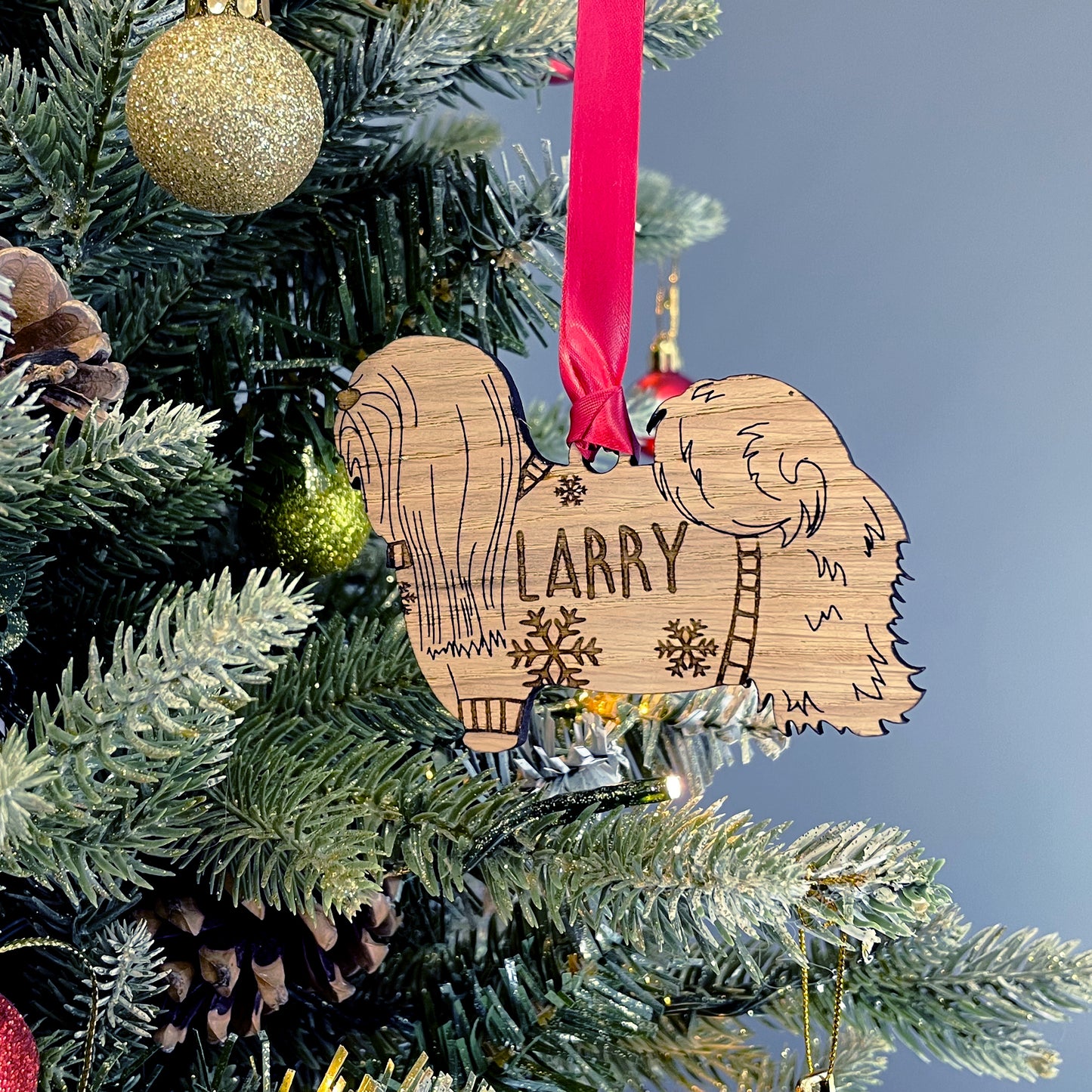 Personalised Lhasa Apso Bauble Jumper Dog Bauble - Oak Veneer Wood - Add any name