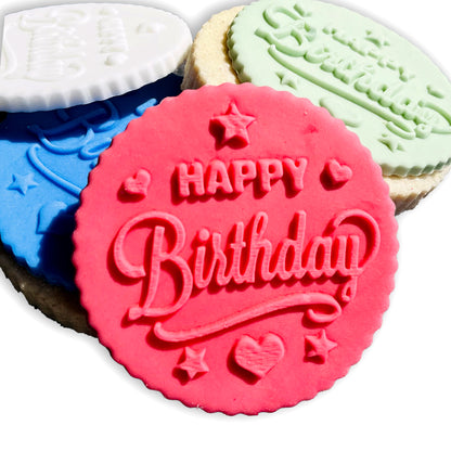 Happy Birthday Stars and Hearts Icing Stamp Embosser Stamp Fondant for Biscuits, Cookies, Cupcake Topper Decorations Stencil for Birthdays