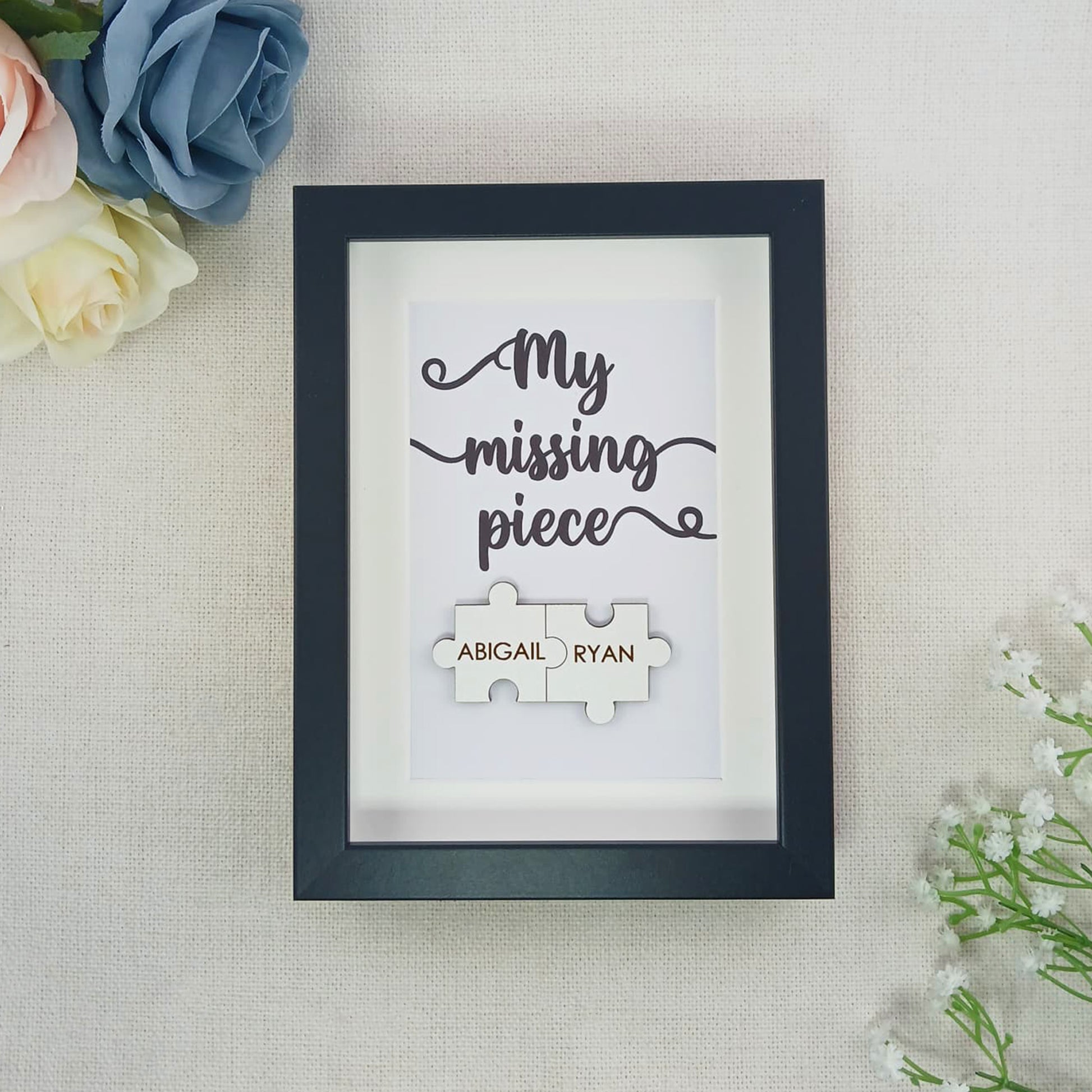 Personalised Wooden 'My Missing Piece' Valentine's Day Puzzle Pieces Couple Box Frame - Add your names - Anniversary or Birthday Gift