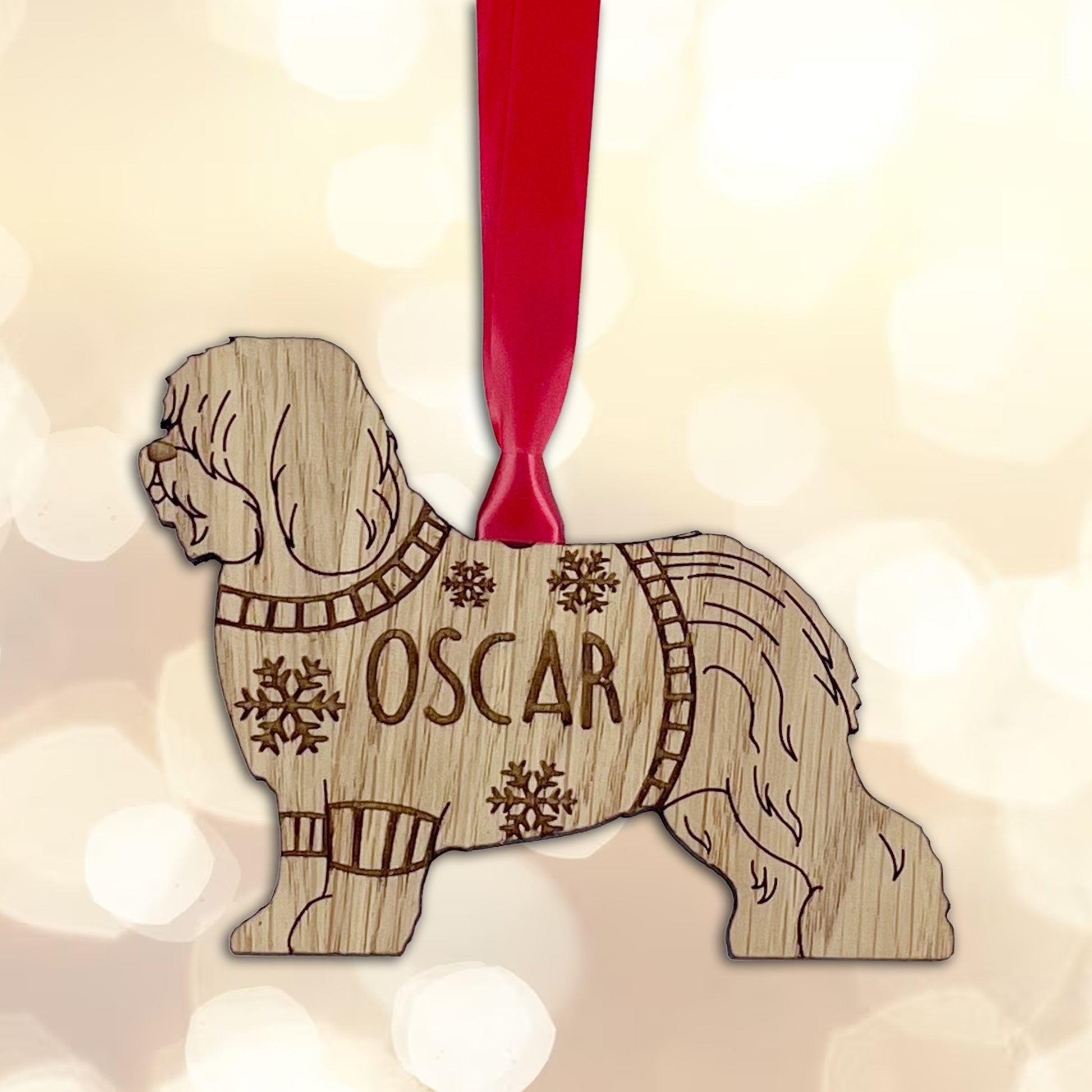 Personalised English Sheepdog Bauble Jumper Dog Bauble - Oak Veneer Wood - Add any name