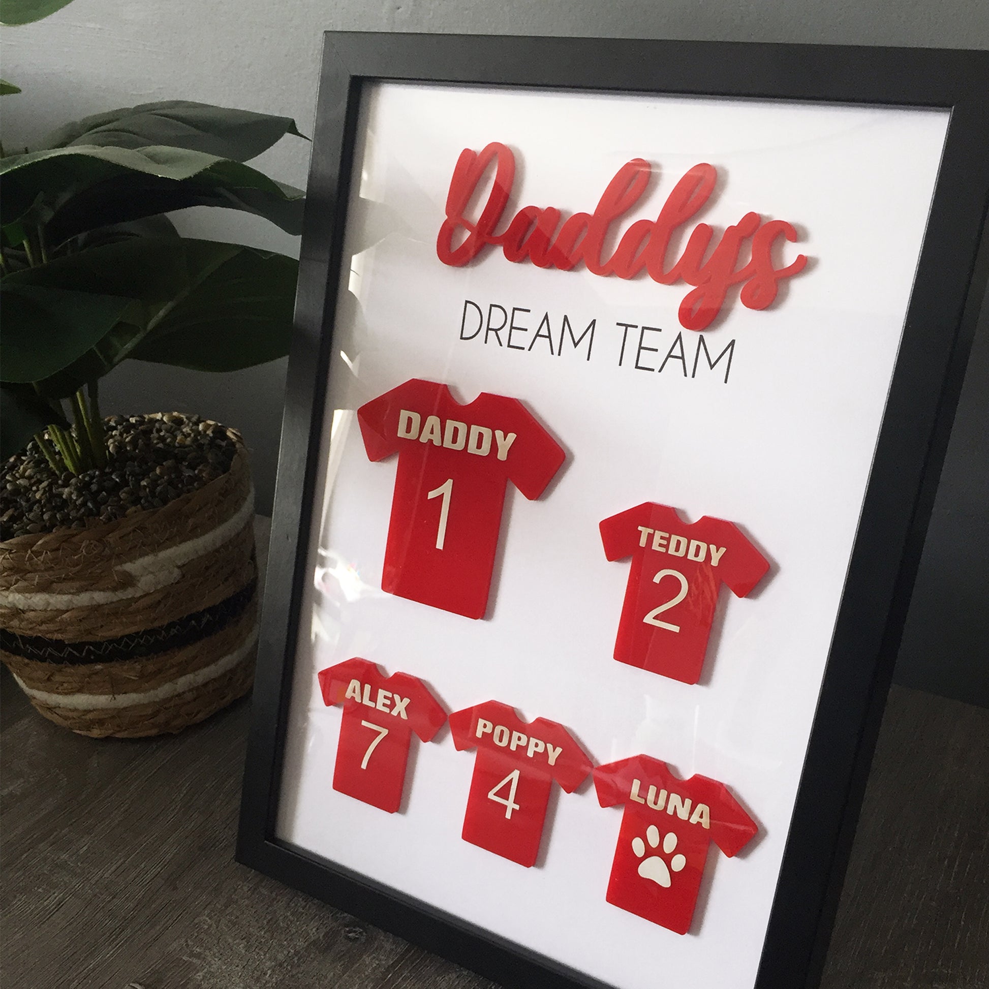 Personalised Dad's Dream Team Football Red Team Family Box Frame Fathers Day Birthday Daddy  - Add your family names