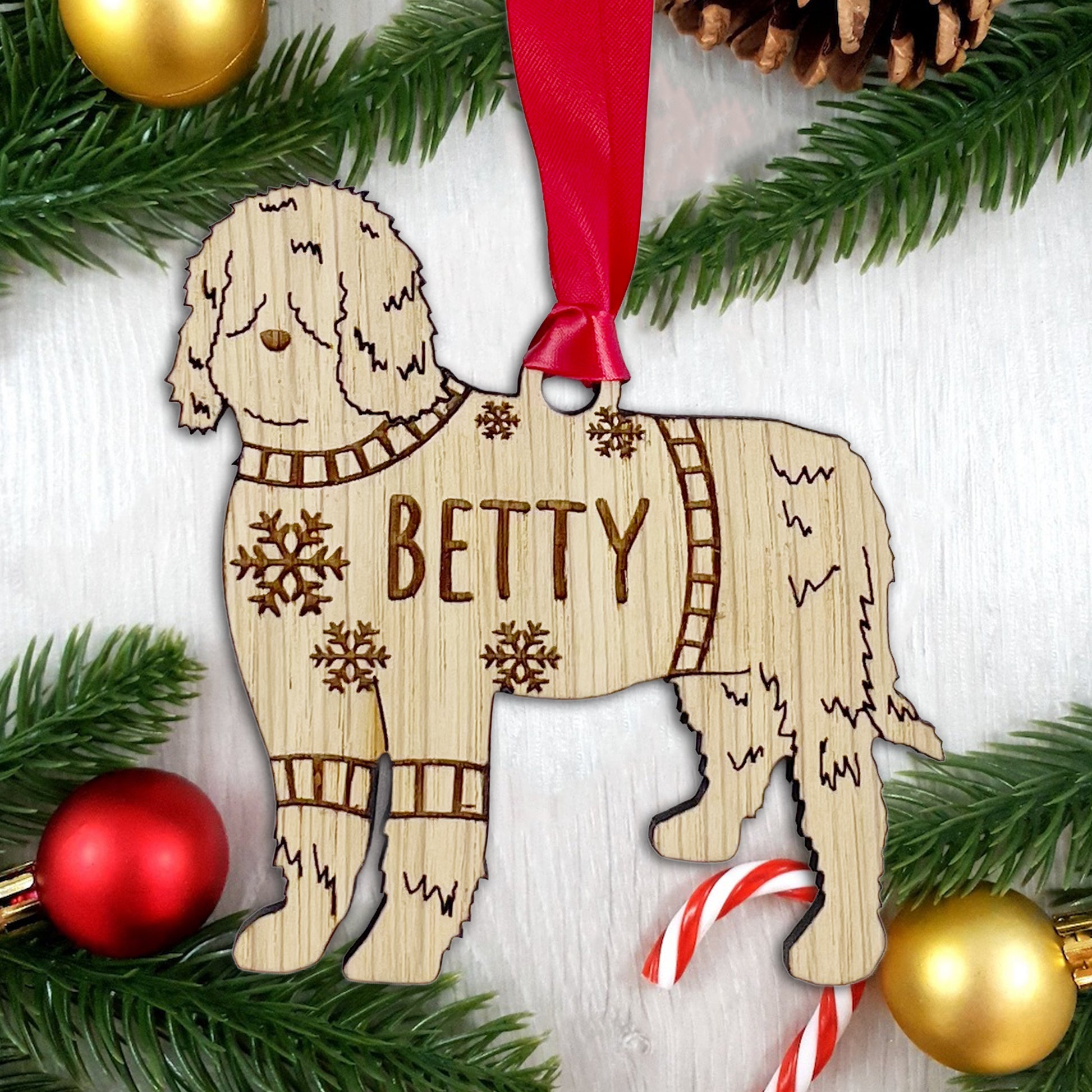 Personalised Berbet Bauble Jumper Dog Bauble - Oak Veneer Wood - Add any name