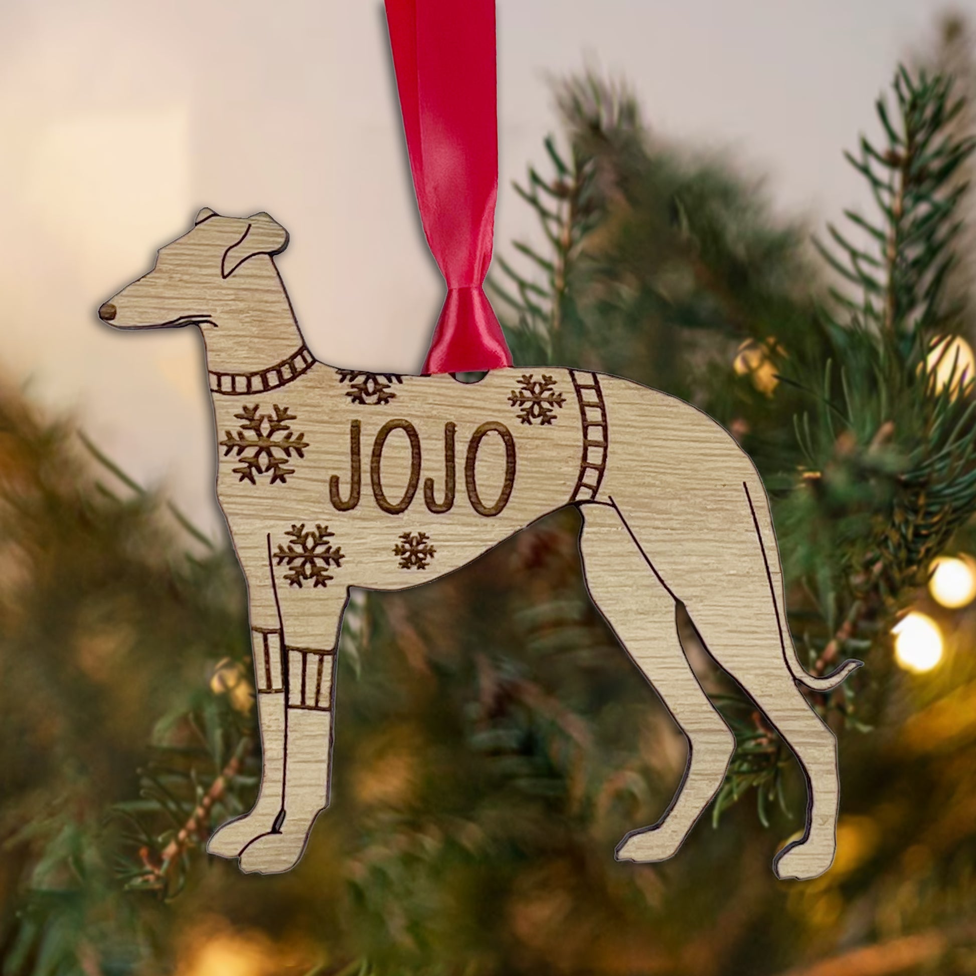 Personalised Greyhound Bauble Jumper Dog Bauble - Oak Veneer Wood - Add any name