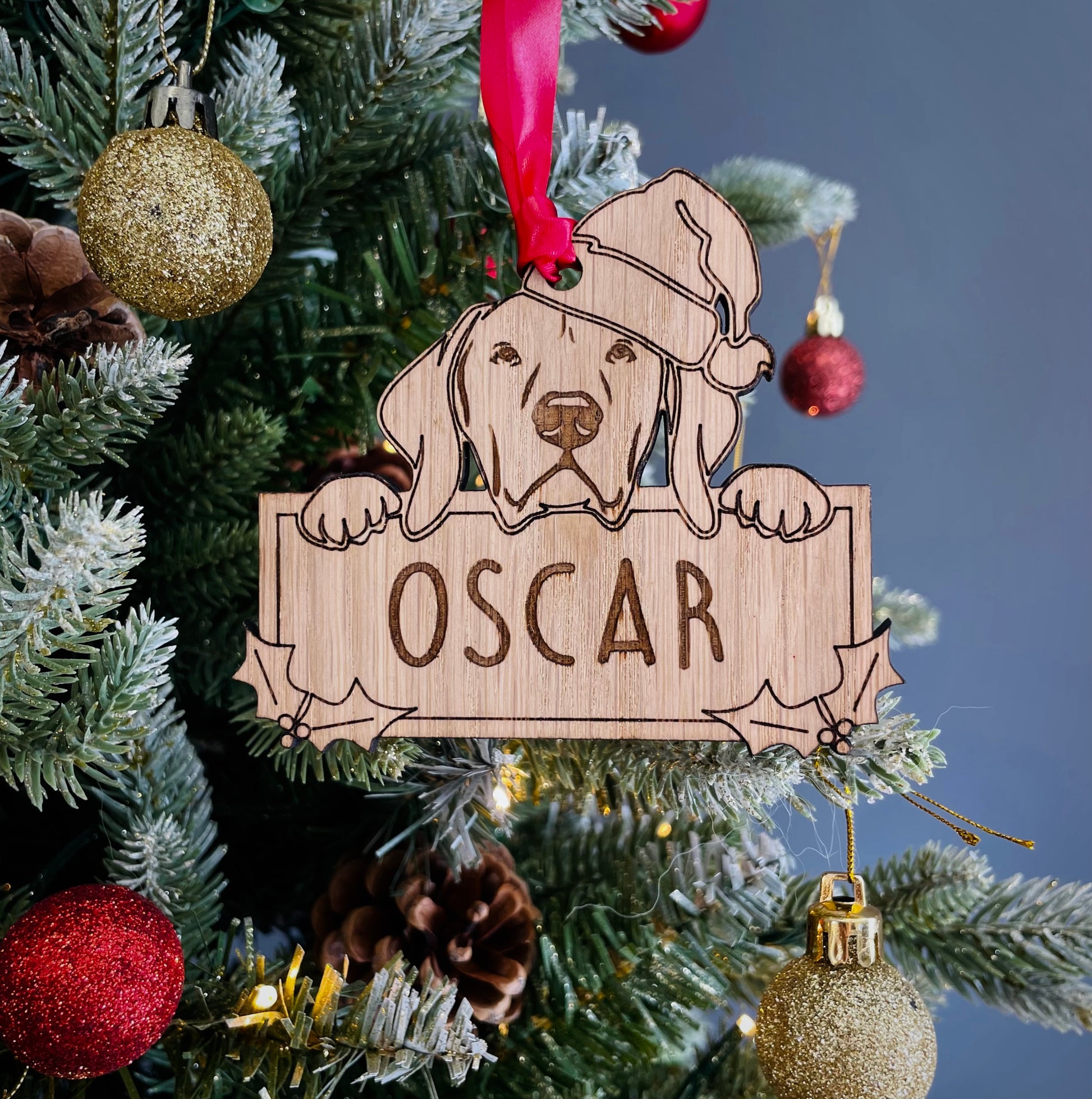 Personalised Hungarian Vizla Dog Bauble - Peeking Dog - Oak Veneer Wood - Add your own name!