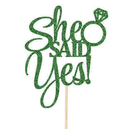 She Said Yes Cake Topper Glitter Card Bride Wedding Engagement Party Cake Decorations | Rose Gold Pink Red Blue Black Silver & More