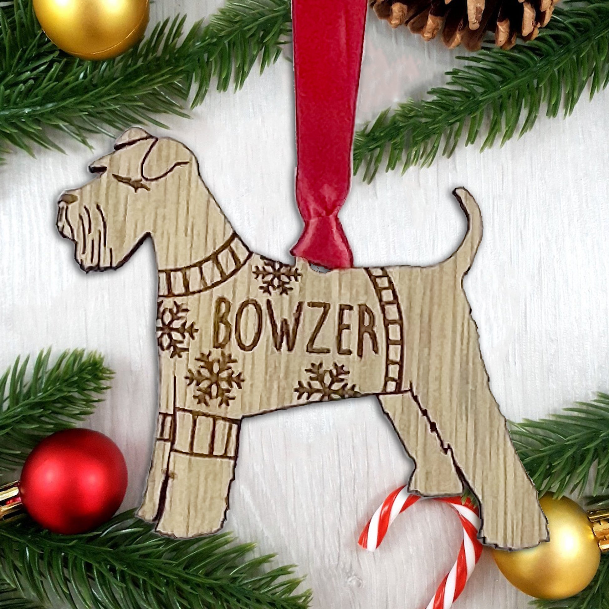 Personalised Schnauzer Bauble Jumper Dog Bauble - Oak Veneer Wood - Add any name