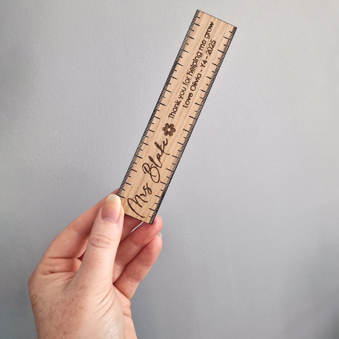Personalised Wooden Teacher 15cm Ruler – Thank You for Helping Me Grow Gift – Engraved Name, Class & Year – Sustainable Oak or White Wood