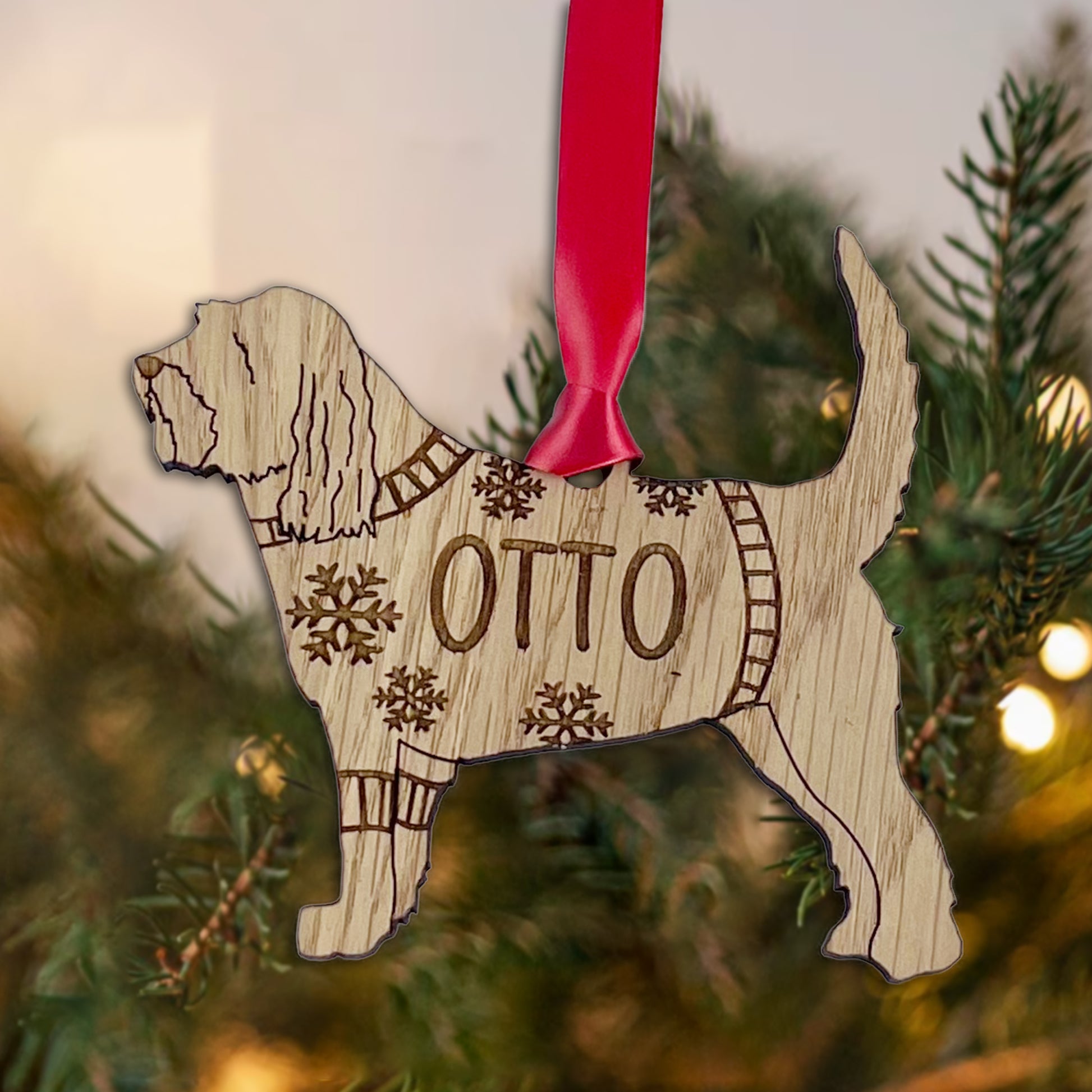 Personalised Otterhound Bauble Jumper Dog Bauble - Oak Veneer Wood - Add any name