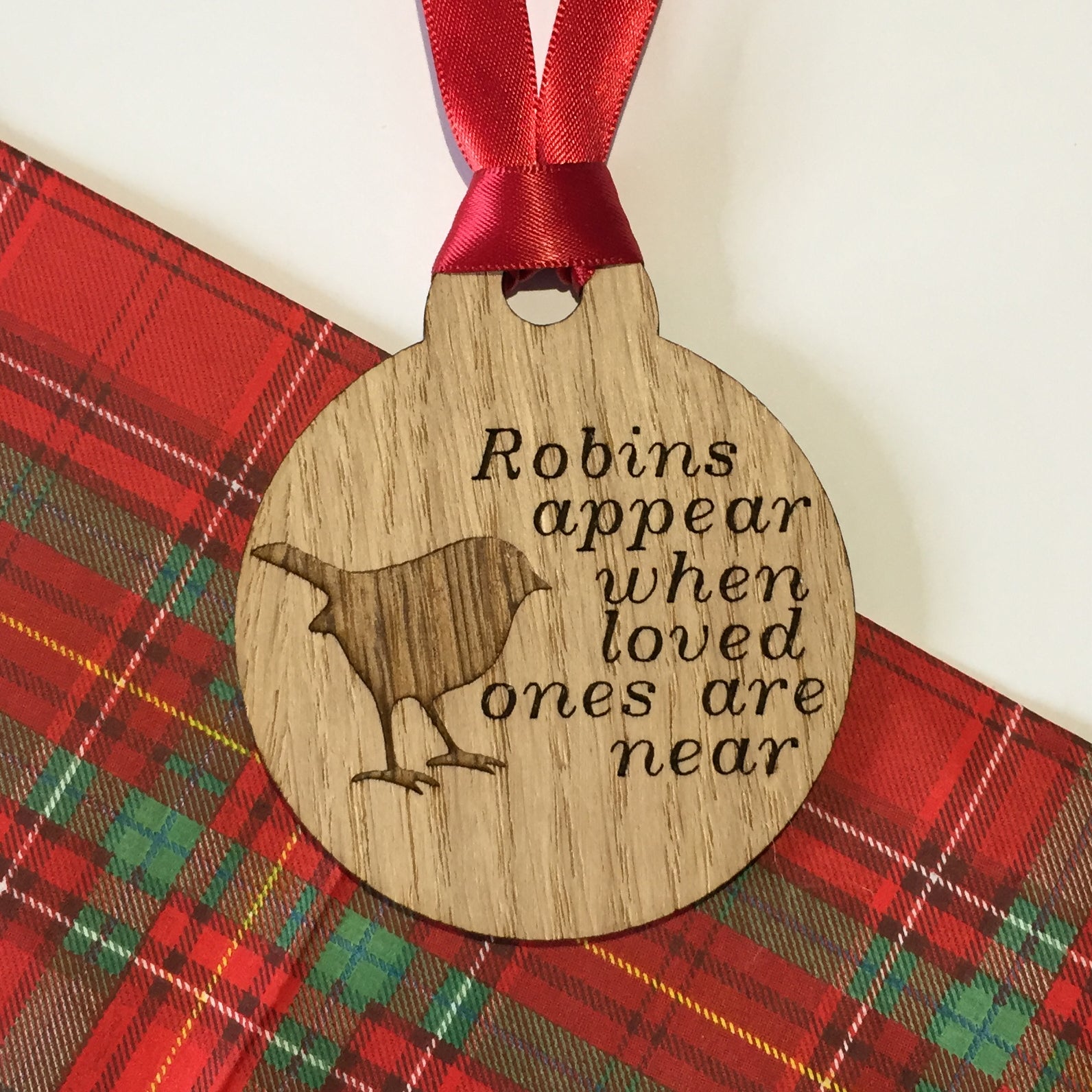 Robins Appear Tree Decoration - Circle - Sustainable Oak Wooden Bauble