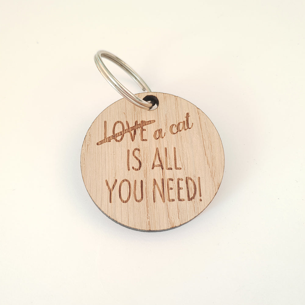 A Cat is all you need Keyring - Sustainable Oak Veneer