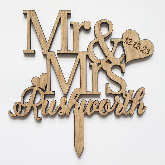 Personalised Mr & Mrs Surname - Wooden Cake Topper