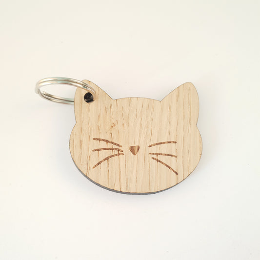 Cat Head with Whiskers Keyring - Sustainable Oak Veneer
