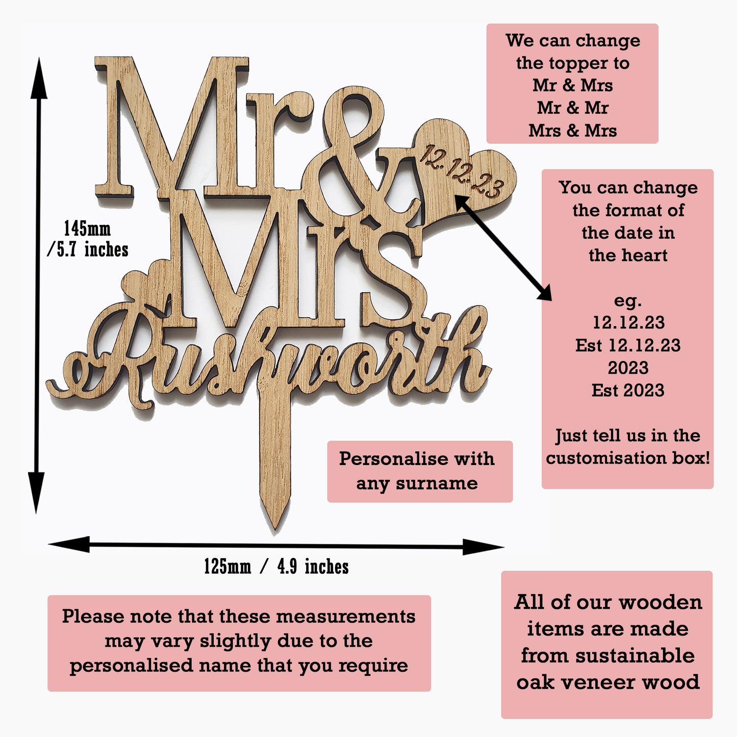 Personalised Mr & Mrs Surname - Wooden Cake Topper