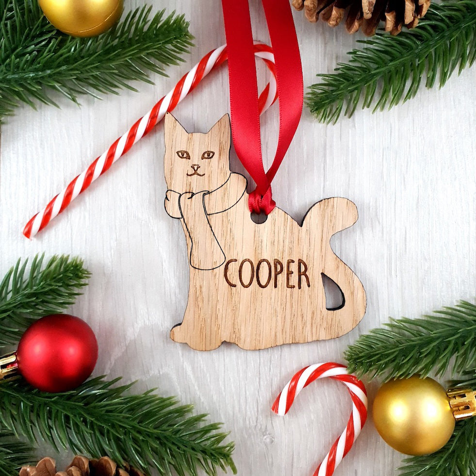 Personalised Wooden Cat with Scarf Christmas Tree Decoration